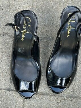 Cole Haan Black Patent Leather Peep-Toe Slingback Heels baddie wedding guest